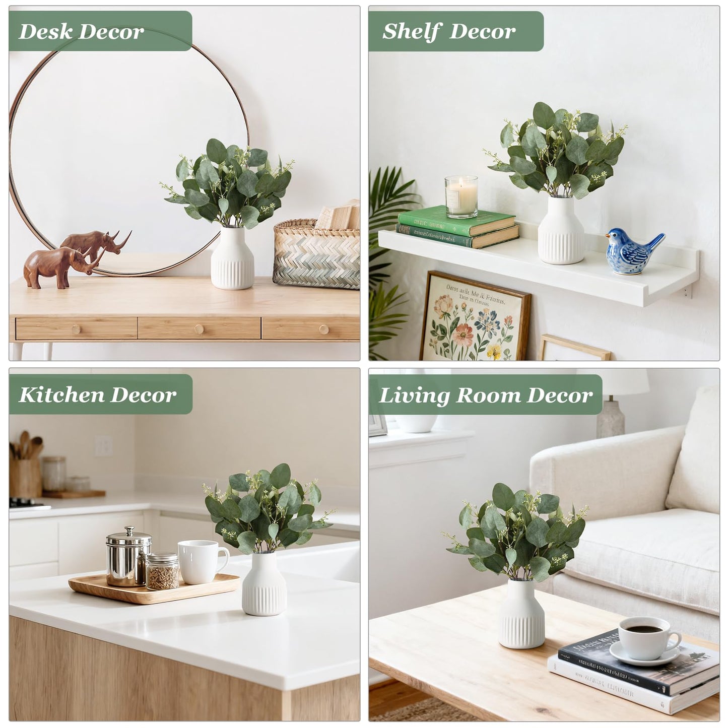 Dahey Artificial Eucalyptus Stems in Small Ceramic Vase Centerpiece Table Decorations Modern Farmhouse Decor Fake Eucalyptus Plants with Vase for Bathroom Kitchen Shelf Living Room Home Decor, White