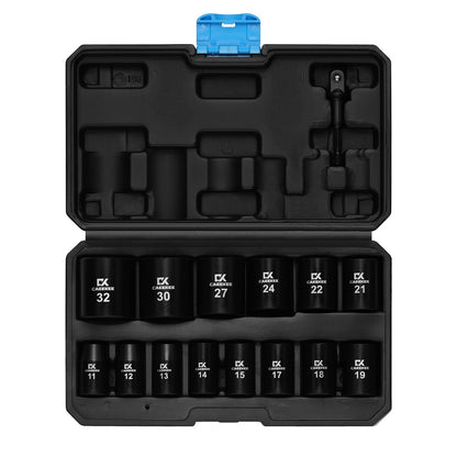 CaeeKee 15PCS 1/2" Drive Shallow 12-Point Impact Socket Set, Metric(11mm - 32mm), Cr-V Steel, Includes Drill Socket Adapter