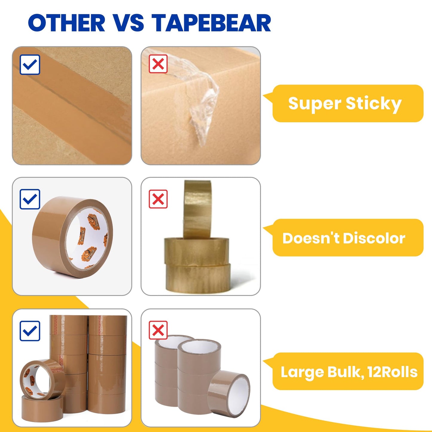 TAPEBEAR Brown Packing Tape 12Rolls, Packaging Tape Refills 66mic x 1.88 Inch x 55 Yard Moving Tape for Boxes, Secure Sticky Brown Tape Heavy Duty for Shipping, Mailing & Storage, Total 660Yards