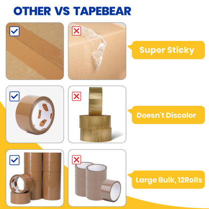 TAPEBEAR Brown Packing Tape 12Rolls, Packaging Tape Refills 66mic x 1.88 Inch x 55 Yard Moving Tape for Boxes, Secure Sticky Brown Tape Heavy Duty for Shipping, Mailing & Storage, Total 660Yards