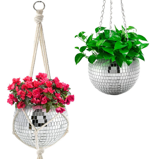 Suwimut Disco Ball Planter, 6 Inch Silver Disco Ball Plant Hanger, Hanging Mirror Disco Planter Pot with Chain and Macrame Rope for Indoor Outdoor Plants, Hanging Planters for Garden Home Porch Decor