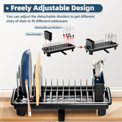 SanDream Small Dish Drying Rack, Compact Dish Rack for Kitchen Counter with Removable Cutlery Holder, 360°Rotating Spout, Multifunctional Stainless Steel Dish Drainer, Space Saving