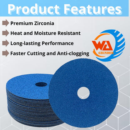 WA GRINDER 25PACK - 5'' Premium Zirconia Resin 24# Fiber Sanding Discs, 7/8'' inch Arbor, for Wood, Metal, Aluminum, Stainless Steel, Fiberglass, on Angle Grinder (Grit 24)