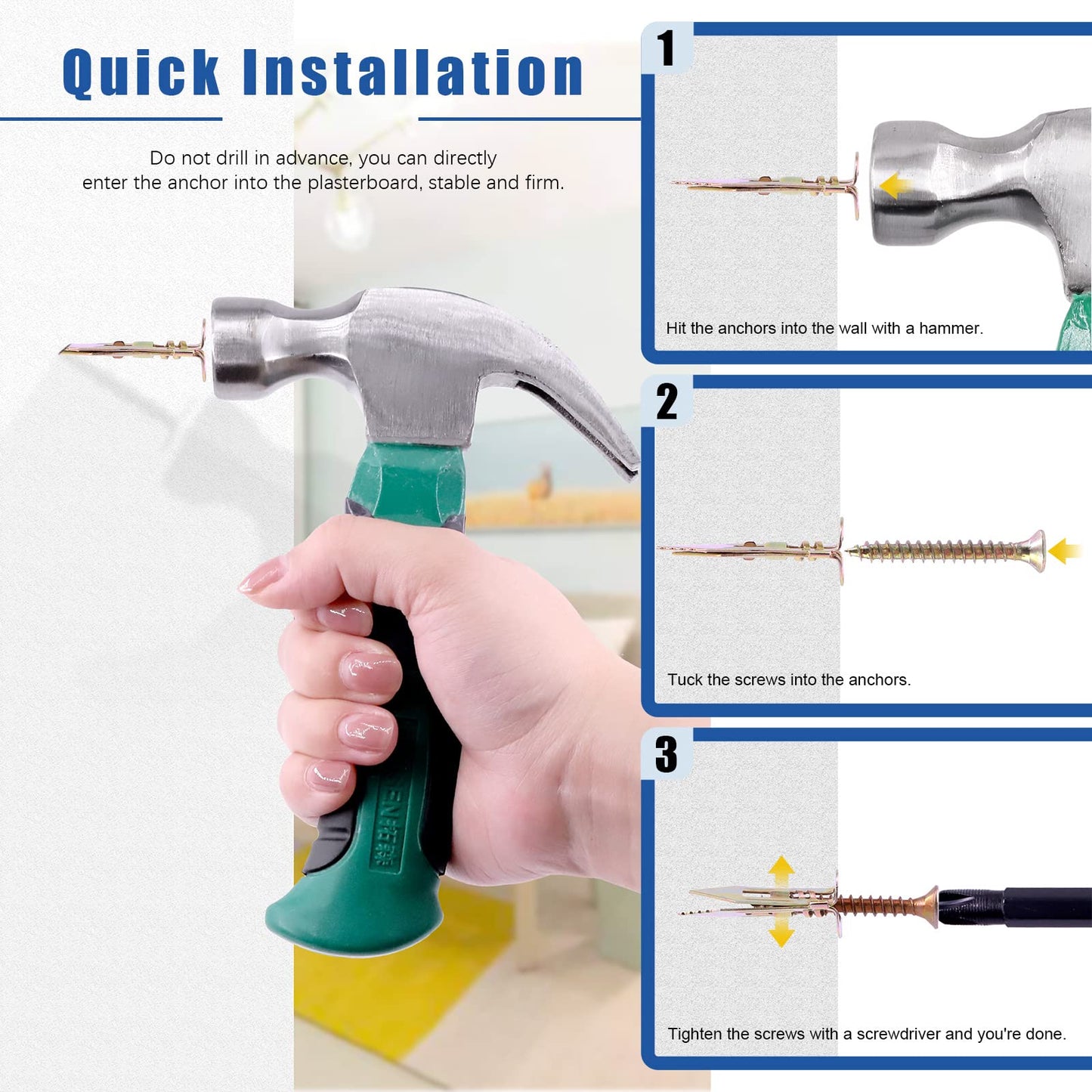 Glarks 52Pcs Self-Drilling Anchors with Screws Kit Including 50Pcs Drywall Anchors with Screws, 1Pc Mini Hammer and 1Pc Screw Driver for Hanging TV Shelf Strap Cabinet Decoration Fixing Curtain