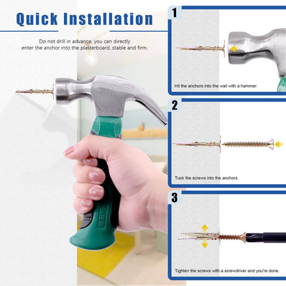Glarks 52Pcs Self-Drilling Anchors with Screws Kit Including 50Pcs Drywall Anchors with Screws, 1Pc Mini Hammer and 1Pc Screw Driver for Hanging TV Shelf Strap Cabinet Decoration Fixing Curtain