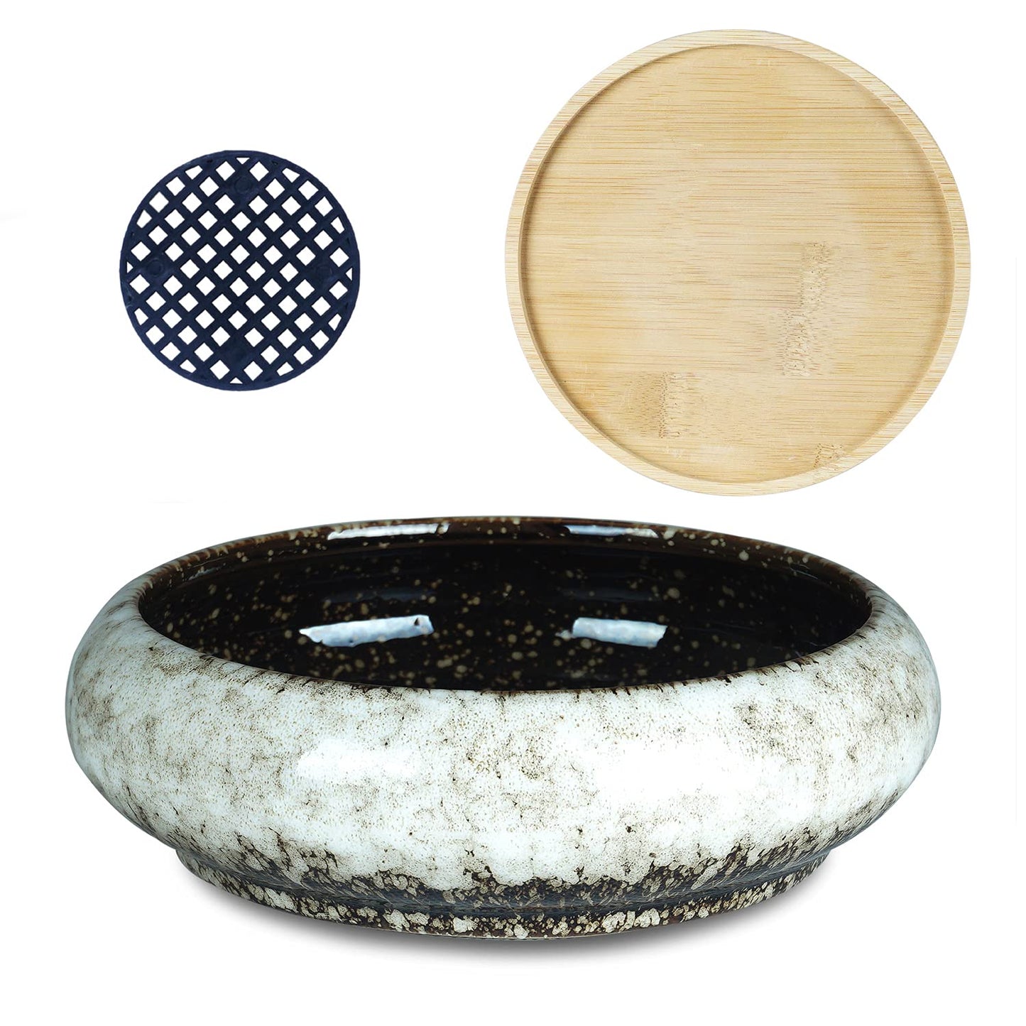 Succulent Pot - 7.3 Inch Succulent Planter with Drainage Hole Shallow Bonsai Pot with Tray, Large Ceramic Flower Pot Garden Decorative Cactus Plant Container Bowl