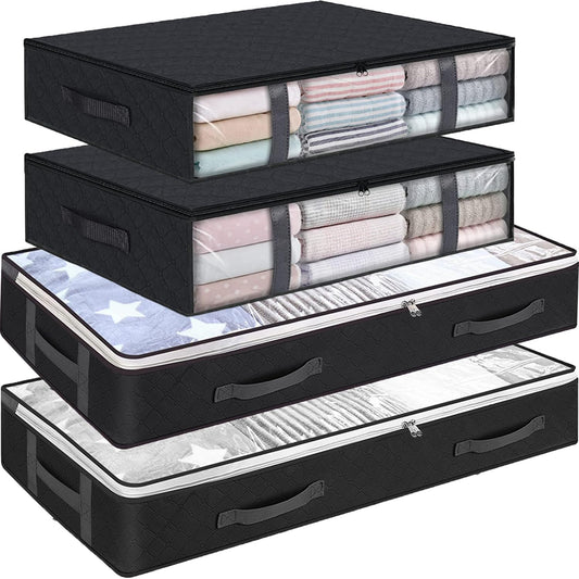 CJWLKJ Under Bed Storage Containers, 4-Pack Large Capacity Underbed Storage Bags Organizer, 2 Size Storage Bins with Clear Window & Reinforced Handles for Blanket, Comforter, Bedding, Clothes, Black