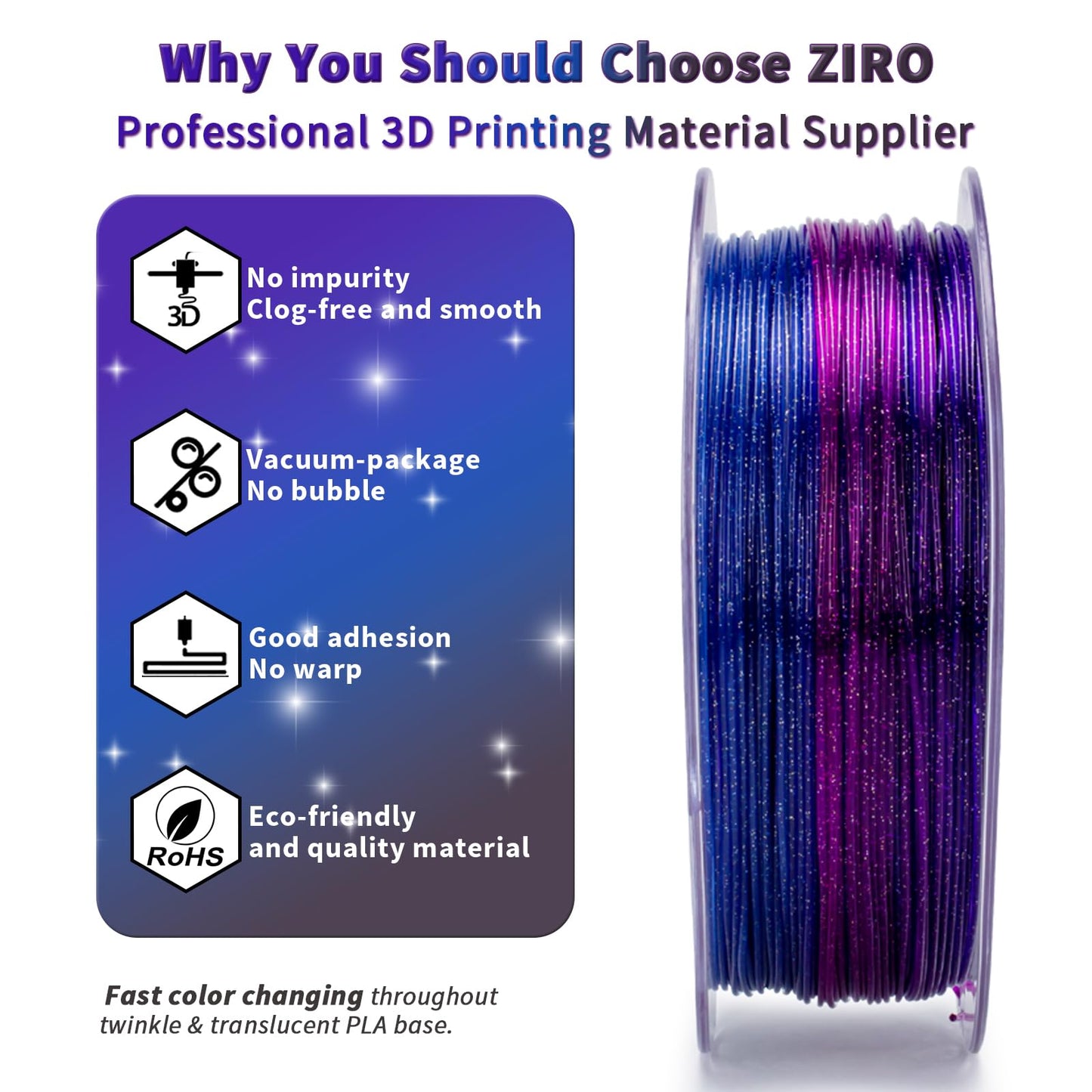 ZIRO Fast Color Changing Twinkling PLA, PLA Filament 1.75mm, Sparkle Glitter with Colorful Transluent PLA, 3D Printing Material,1kg Spool, Dimensional Accuracy +/-0.03mm, Fit Most 3D Printers, Galaxy