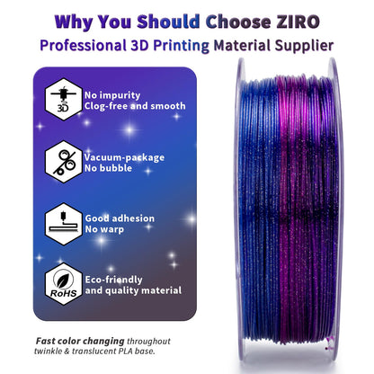 ZIRO Fast Color Changing Twinkling PLA, PLA Filament 1.75mm, Sparkle Glitter with Colorful Transluent PLA, 3D Printing Material,1kg Spool, Dimensional Accuracy +/-0.03mm, Fit Most 3D Printers, Galaxy