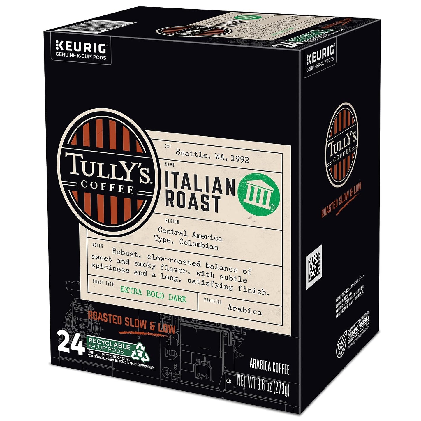 Tully's Certified Italian Roast Coffee K-Cup Pods for Keurig Coffee Makers, Box of 24