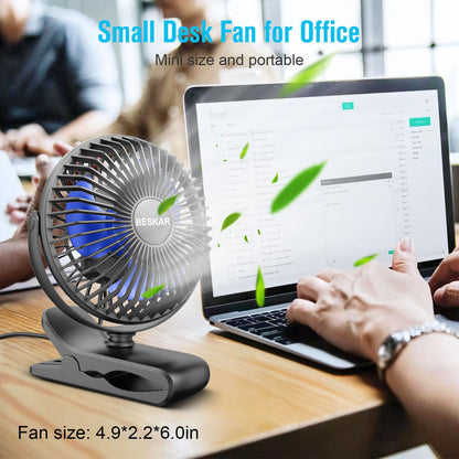 BESKAR USB Powered Clip on Fan, Portable Small Fan with Cord, 3 Speeds Strong Airflow, Personal Fan with Sturdy Clamp, Quiet Desk Fan & Clip Fan