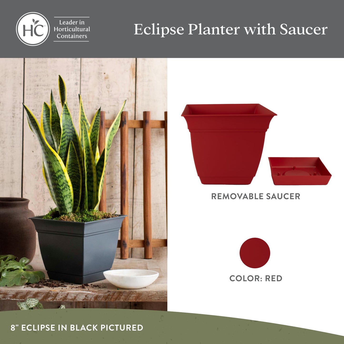 The HC Companies Eclipse Square Plastic Planter w/Attached Saucer - Outdoor & Indoor Plant Pot with Drainage Holes - Lightweight, UV-Resistant Plastic Pots for Plants (8" Red, Pack of 4)