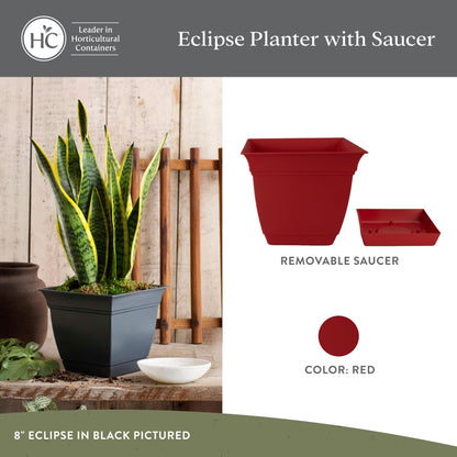 The HC Companies Eclipse Square Plastic Planter w/Attached Saucer - Outdoor & Indoor Plant Pot with Drainage Holes - Lightweight, UV-Resistant Plastic Pots for Plants (8" Red, Pack of 4)