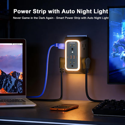 Wall Outlet Extender with Night Light, Power Plug Adapter 6 Outlet Extender with 4 USB Charging Ports（2 USB C）,1050J Power Strip Multi Plug Adapter Spaced for Home Office Travel-Black