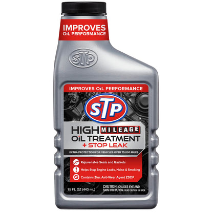 STP High Mileage Oil Treatment + Stop Leak Engine Oil Additive, 15 fl oz, Contains ZDDP Anti-Wear Agent to Fight Friction, Rejuvenates Seals and Gaskets, Stops Leaks