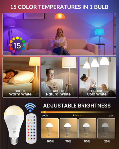 BrightArk E26 Rechargeable Led Light Bulbs with Remote, 15 Colors Dimmable E26 Battery Operated Light Bulb with Timer, Emergency Rechargeable Light Bulbs, Up to 35 Hours, 2 Packs