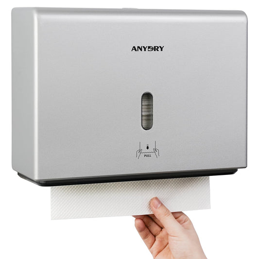 anydry Wall-Mounted Paper Towel Dispenser – Fits Tri-Fold Towels up to 25x7.8 cm, Holds 200 Sheets, Ideal for Home & Commercial Use (Silver)