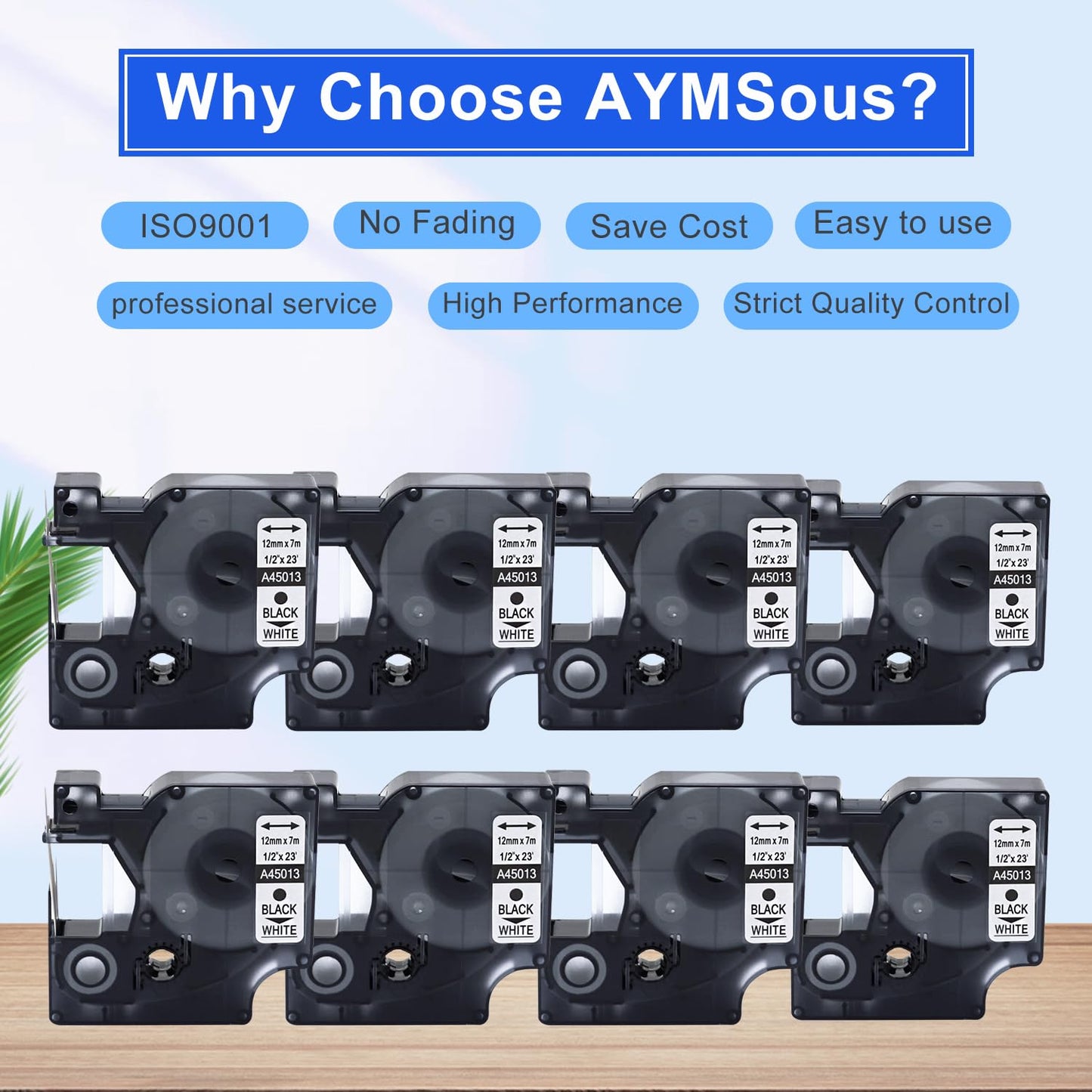 AYMSous Black on White Label Tape Compatible for DYMO D1 Label Tape 45013 for DYMO D1 A45013 Refills 1/2'' x 23'(12mm x 7m) for Dymo LabelManager 160 280 360D 420P 210D PnP Label Maker (8-Pack)
