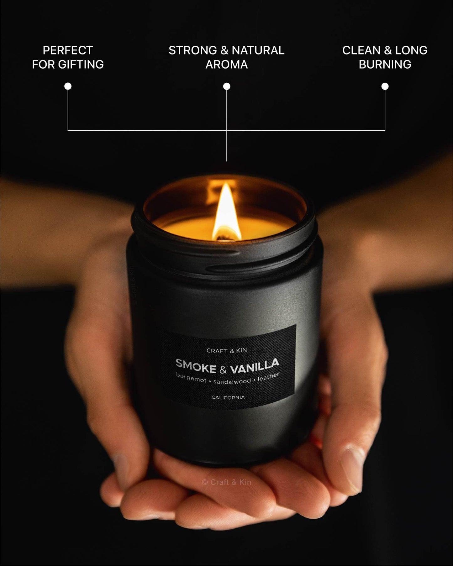 Craft & Kin Scented Black Candles for Men | Premium Smoke & Vanilla Scented Candles | Long Lasting Candle with 45 Hour Burn Time, 7.6oz