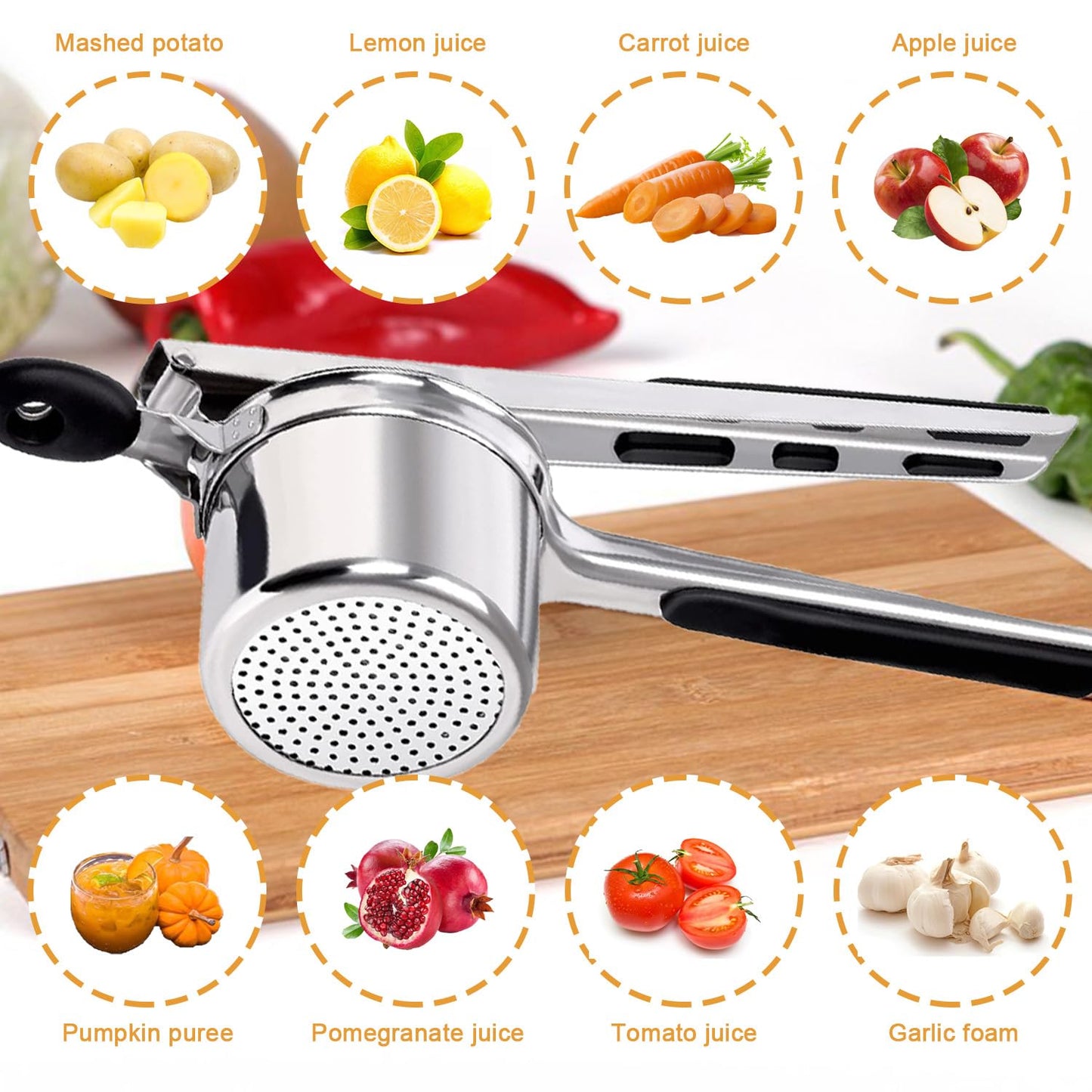 Potato Ricer Stainless Steel Masher, Upgraded Sturdy Durable Potato Masher with 3 Interchangeable Ricing Discs Premium Grade Kitchen Tool for Smooth Mashed Potatoes, Fruits, Vegetables and Baby Food