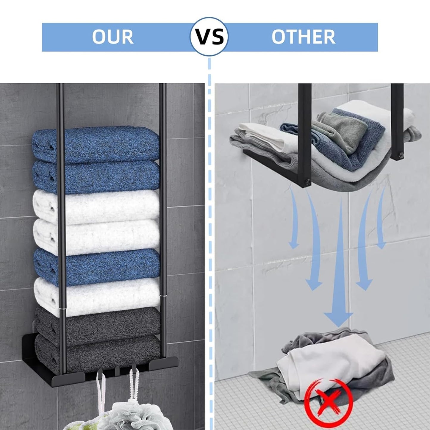 Towel Racks for Bathroom, No Drilling Towel Holder Towel Rack, Towel Storage Wall Mounted, Adjustable Towel Rack Bathroom Storage, Bathroom Towel Shelf for Rolled or Folded Towels, Black