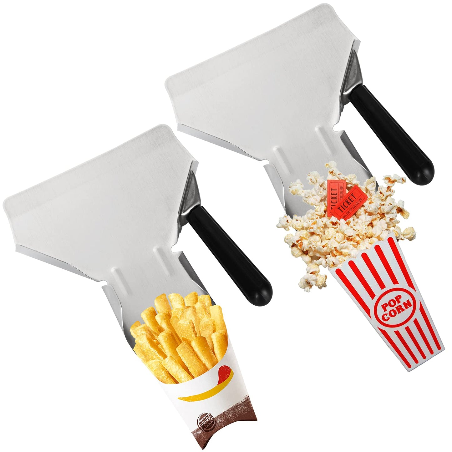 2 Pack Popcorn Scoop Stainless Steel French Fry Scooper Quick Fill Popcorn Bags for Popcorn Machine, Speed Hand Scoop Commercial Fry Bagger Scooper for French Fries, Snacks, Ice, Dried Nuts