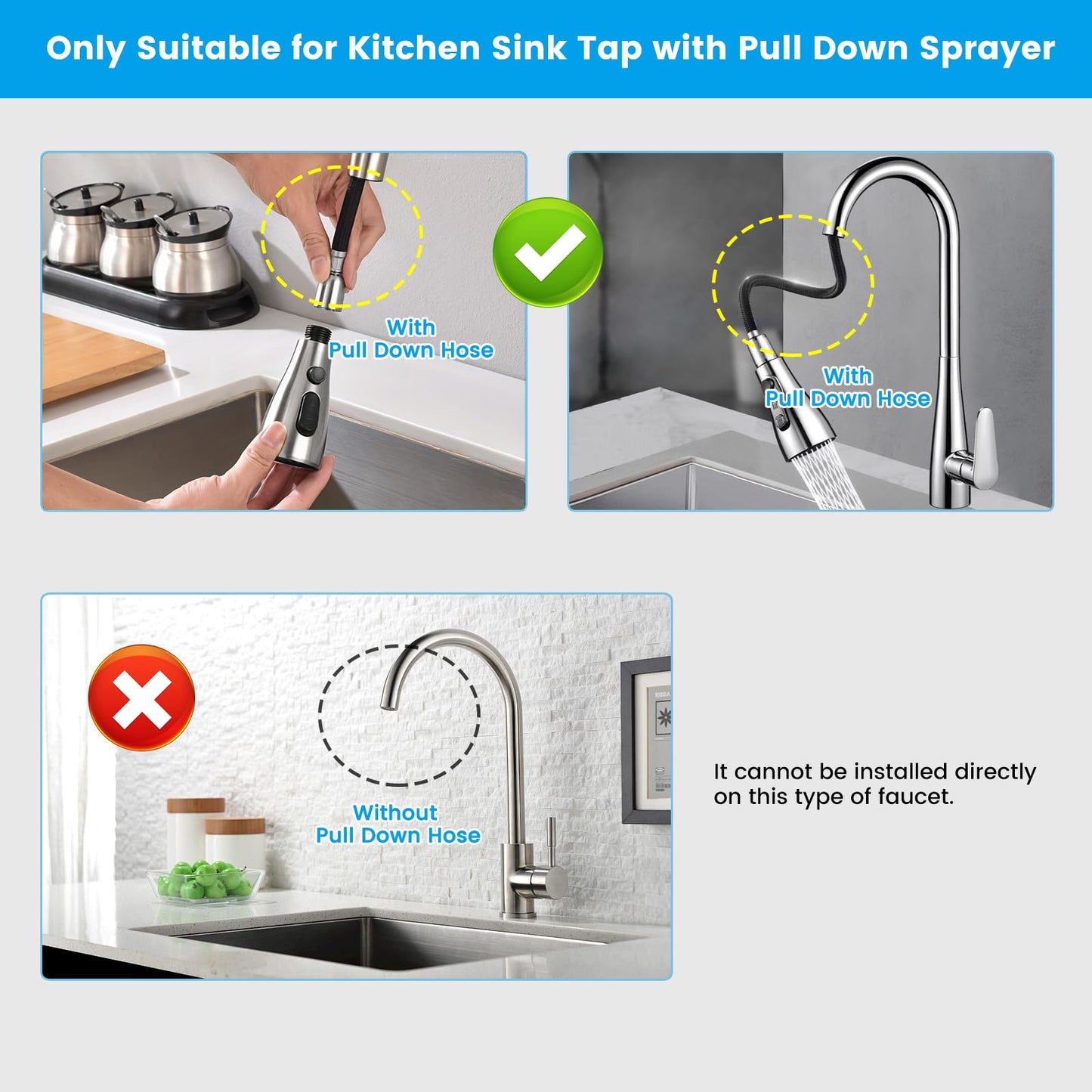 Universal Kitchen Faucet Replacement Pull-Down Sprayer - 3 Spray Modes, Easy Installation with 11 Adapters, Leak-Proof Design, Compatible with Moen, Kohler, Delta & Sink Faucets (Chrome Silver)