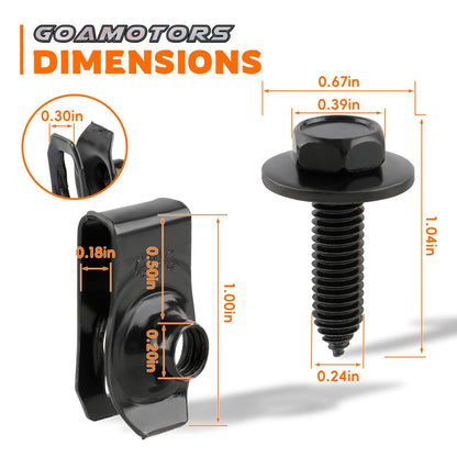 GoaMotors 50PCS 1/4 Body Fasteners - 25 Bolts & 25 U-Nut Clips for Fender, Engine Cover & Splash Shield