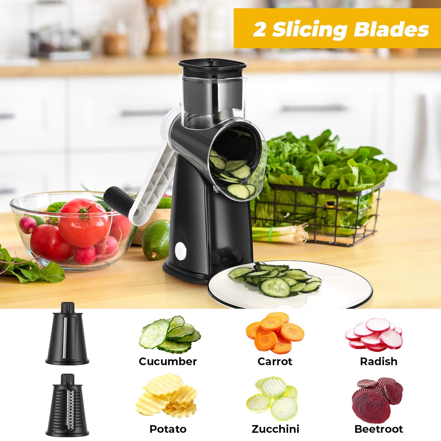 Vihoom Rotary Cheese Grater, 5 in 1 Interchangeable Blades Cheese Shredder, Mandoline Slicer for Kitchen with Cleaning Brush & Bonus Storage Box for Blades (Black)
