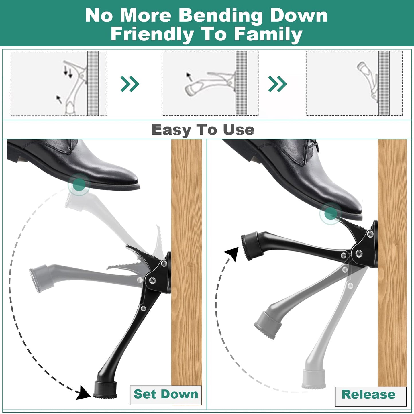 Door Stops, 6 Inch Kickdown Door Stopper with Non-Slip Rubber Tip, One Touch Heavy Duty Bottom Holder, Adjustable Metal Door Stop, 2 Pack, Black