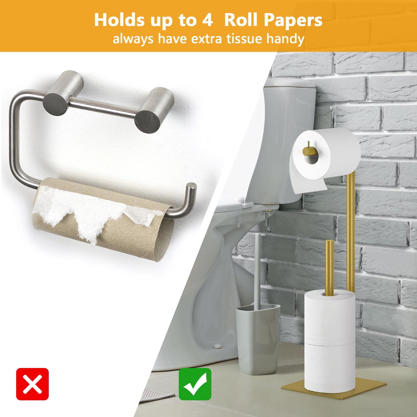 Toilet Paper Holder Stand Flash Gold Free Standing TP Holder, Metal Toilet Paper Roll Holder with Reserve Bathroom Tissue Storage Holder, Beige Gold