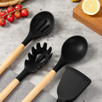 Cooking Utensils Set, 22 Pcs Heat Resistant Silicone Kitchen Utensils Spatula Set with Holder, Kitchen Gadgets Utensil Set for Nonstick Cookware (Black)