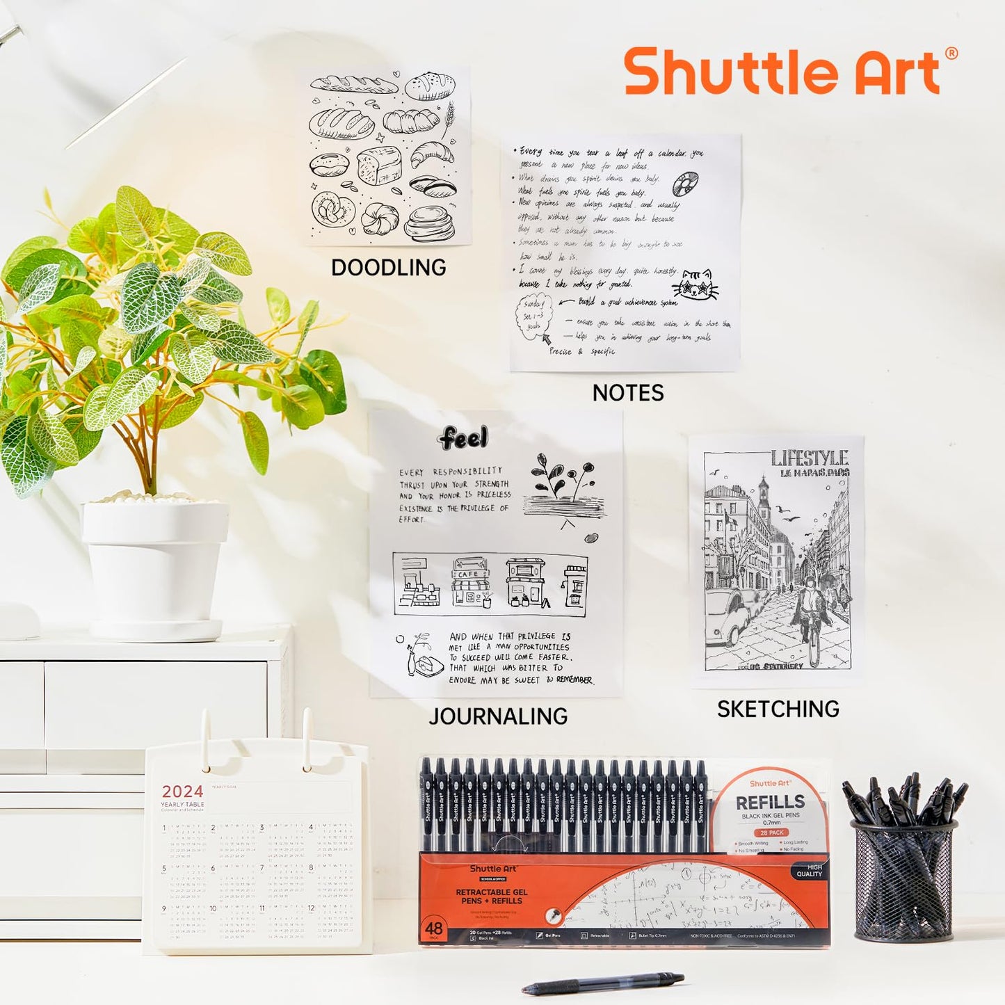 Shuttle Art Black Gel Pens, 48 Pack(20 Gel Pens with 28 Refills) Retractable Medium Point Rollerball Gel Ink Pens Smooth Writing with Comfortable Grip for Office School Home Work