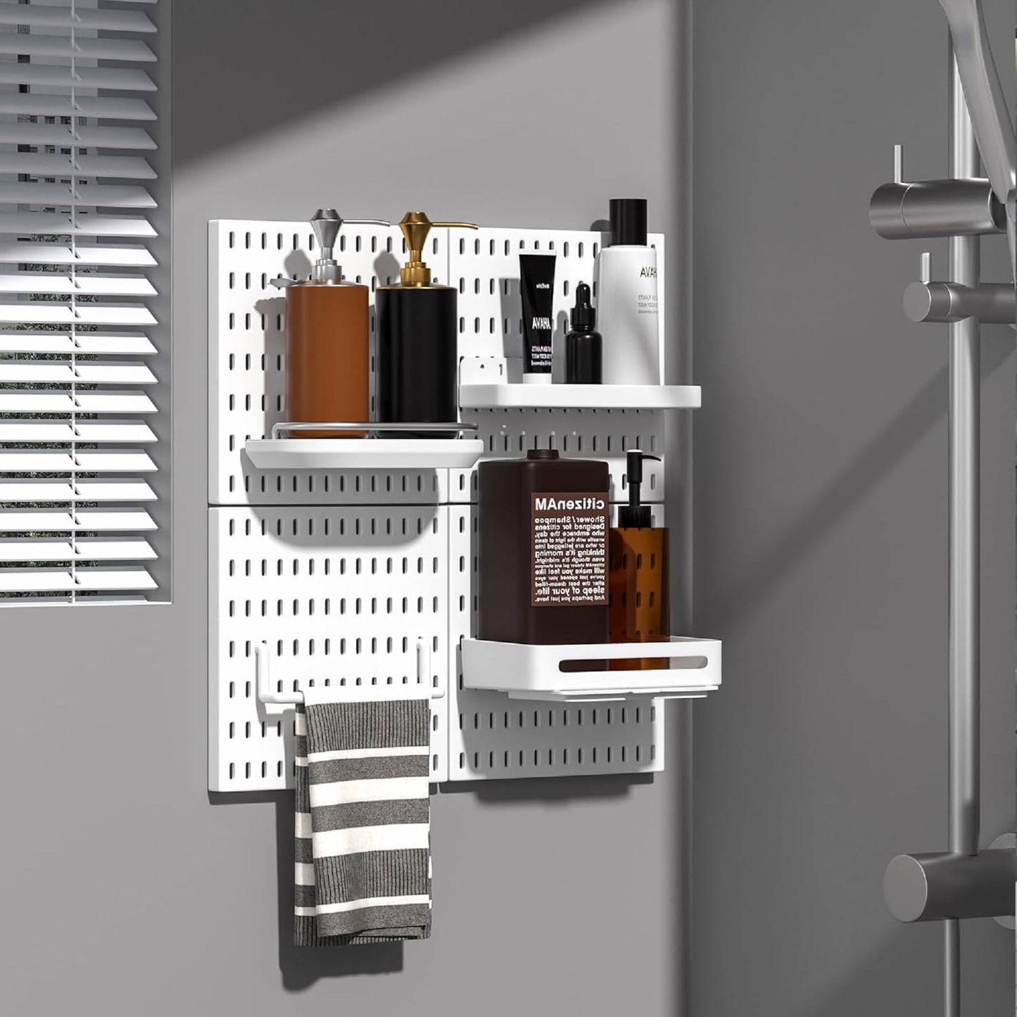 White Plastic Pegboard Organizer Wall Panel, Home Office Kitchen Garage Peg Board Wall Organizer Panels with Hooks Desk Adhesive Pegboards Rack Accessories Kit Display (2 Boards -8 Accessories)