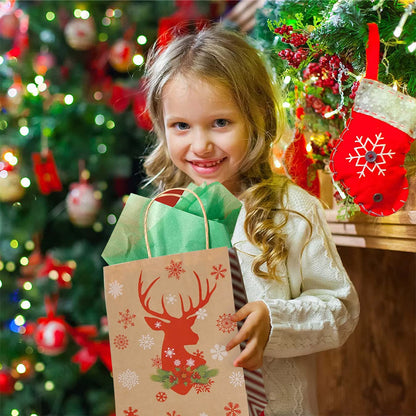 Ousaliyea 24pcs Christmas Bags with Handles: 6 Styles Assorted Kraft Paper Bags 5.9×3.1×8.3 inches Suitable for Xmas Party Favors Bags, Christmas Candy Bags and Christmas Goody Bags