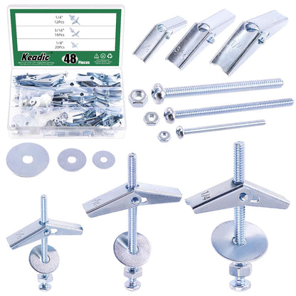 Keadic 48Pcs 3 Sizes Toggle Bolt Assortment Set 1/8'', 3/16'', 1/4'' Toggle Anchors with Wing Nut and Hex Nuts, Washers, Hollow Drywall Anchors Screw Kit for Frames Shelves Hanging Heavy Items