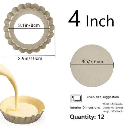 12 Pieces Mini Tart Pan, 4 Inch Egg Tart Pan Removable Bottom Non-Stick Tin, Suitable for Ovens and Air Fryers. Champagne Gold Quiche Pan. Suitable for Family Use