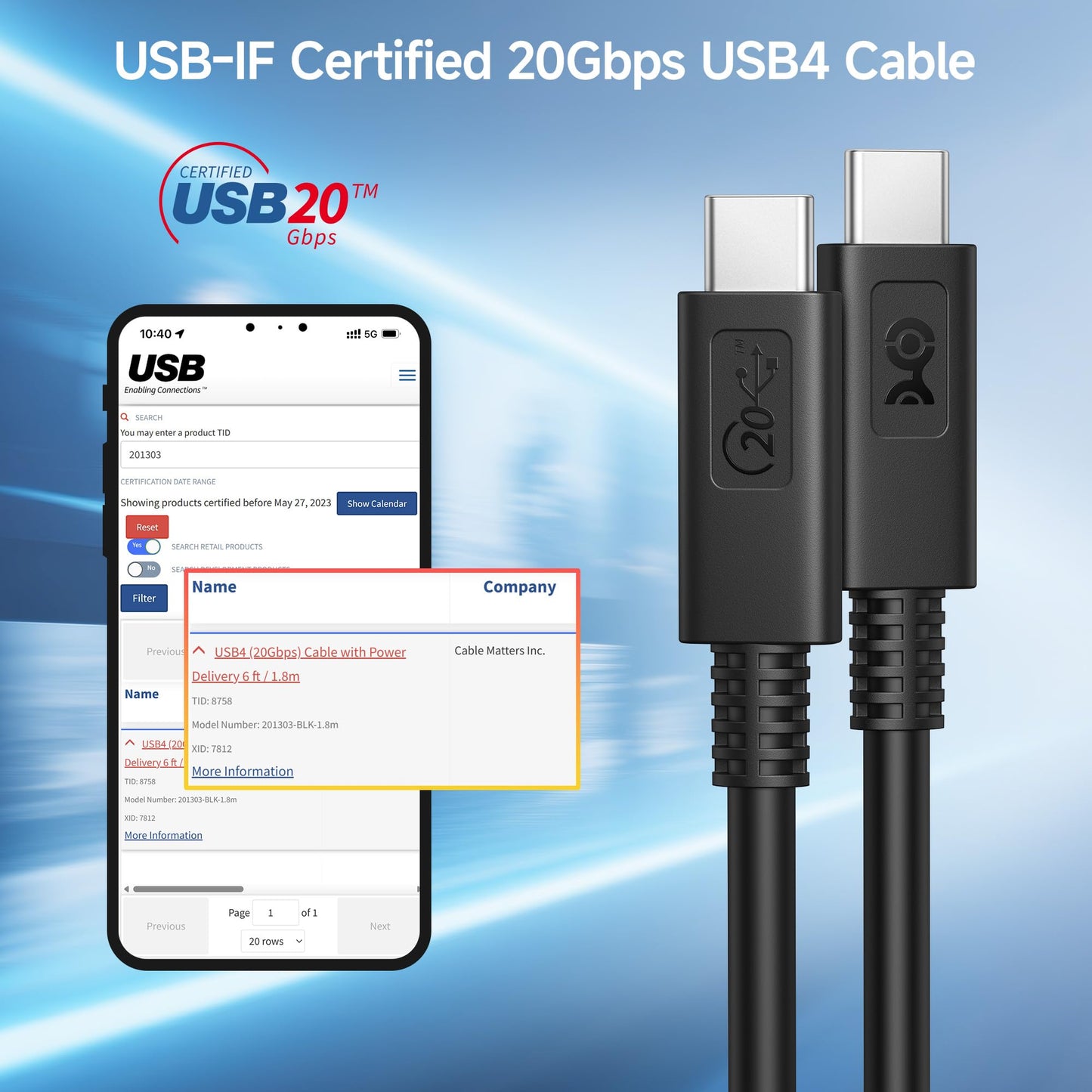 Cable Matters [USB-IF Certified] USB4 Cable 6 ft with 20Gbps Data, 8K Video Support, and 100W Charging, Compatible with Thunderbolt 4 Thunderbolt 3, USB C for MacBook, DELL XPS, Surface Pro and More