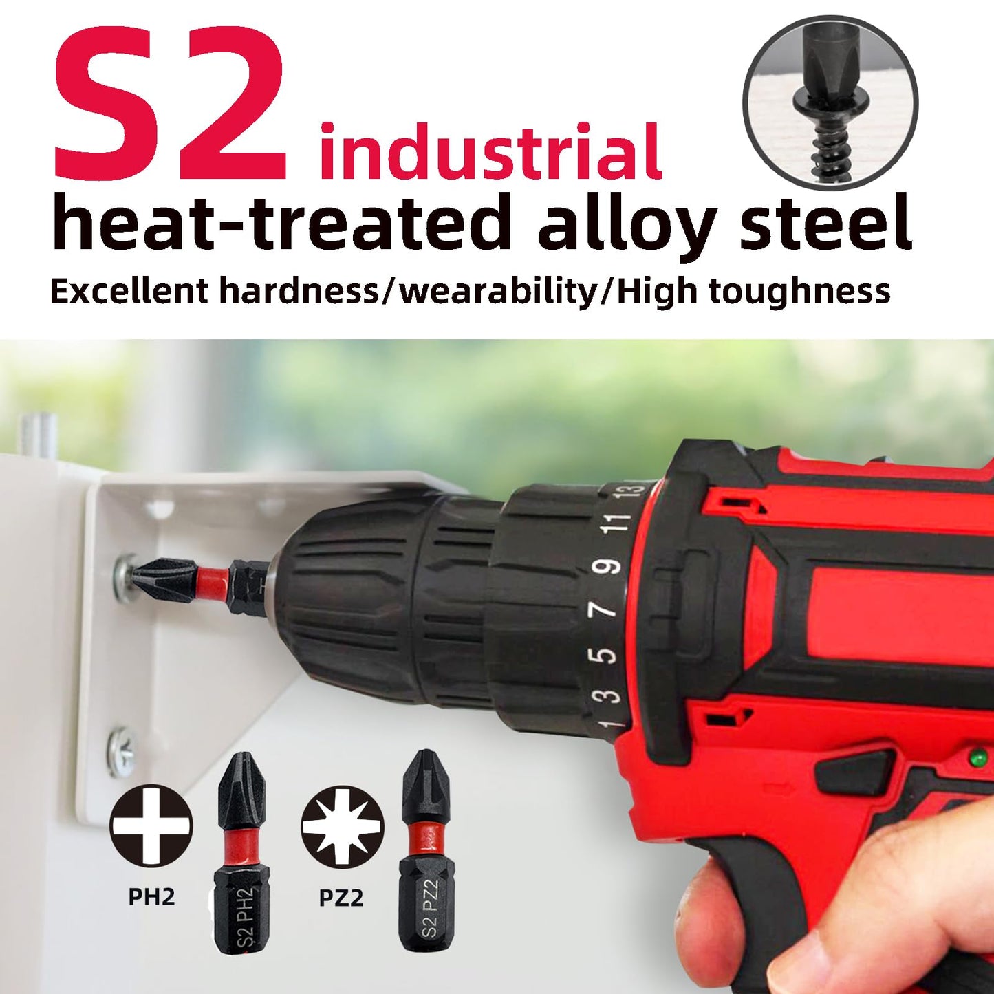 Impact Phillips Screwdriver Bits Set, 32 non-slip screwdriver bits, S2 steel, 1-inch PH2-PZ2 bits Setting, 1/4-inch hexagonal shank impact driver bit, with impact driver bit holder and storage case