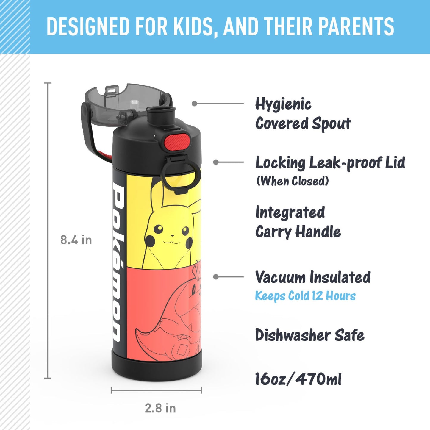 THERMOS FUNTAINER 16 Ounce Stainless Steel Bottle, Pokemon