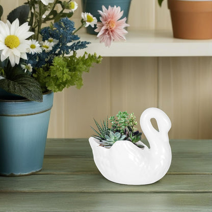 Zerodeko White Ceramic Flowerpot, Swan Flowerpot,Ceramic Swan Planter Pot, Shaped for Decor