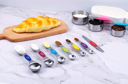 TILUCK Measuring Cups and Magnetic Measuring Spoons Set, Stainless Steel Measuring Cups, 6 Double-Sided Stainless Steel Measuring Spoons & 1 Leveler (5+7)