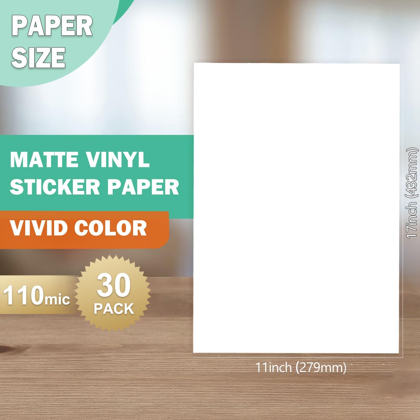Pikapoka 11x17 Removable Self-Adhesive Vinyl Sticker Paper, Matte, 30 Pack, Waterproof, Suitable for Laser and Inkjet Printer
