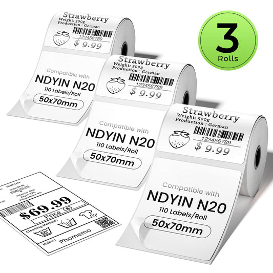 3-Rolls Thermal Sticker Label Paper Compatible with SUPVAN T50M Pro,ETIKEZ PM260,NDYIN N20 and ORGSTA T003 Label Maker Tape, 50x70mm(1.97"x2.75"),110 Labels/Roll, for Barcode, Address, Name Tag,White