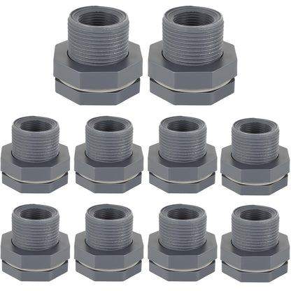 YOUNTHYE 10PCS Bulkhead Fitting 3/4 inch Double Threaded Bulkhead Water Tank Connector PVC Bulkhead Fitting Threaded Thru-Bulk Pipe Fittings for Rain Barrels, Aquariums, Ponds, Water Tanks