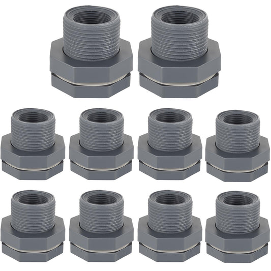YOUNTHYE 10PCS Bulkhead Fitting 3/4 inch Double Threaded Bulkhead Water Tank Connector PVC Bulkhead Fitting Threaded Thru-Bulk Pipe Fittings for Rain Barrels, Aquariums, Ponds, Water Tanks