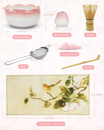 RoaGain Matcha Set, 7 Pcs Matcha Whisk Set, Pink 3D Bowknot Embellished Matcha Kit for Ceremony, Tradition Tea Set for Making Latte, Matcha Whisk Set with Bowl with spout,Gift for Tea Lovers