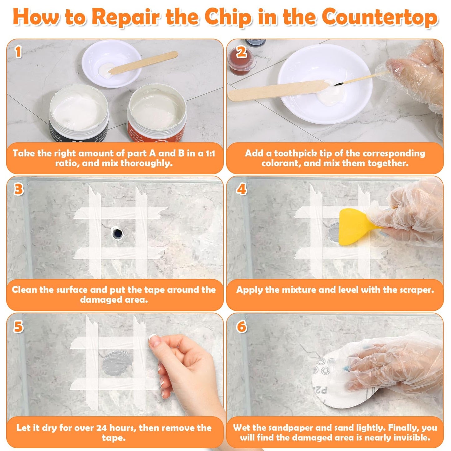 Marble and Granite Countertop Repair Kit, 4.2 OZ Ceramic Tile Chip Repair Kit Marble Scratch Remover, Porcelain Stone and Quartz Countertops Repair for Tile Cracks, Holes, Dents, Chipped Edges Corners