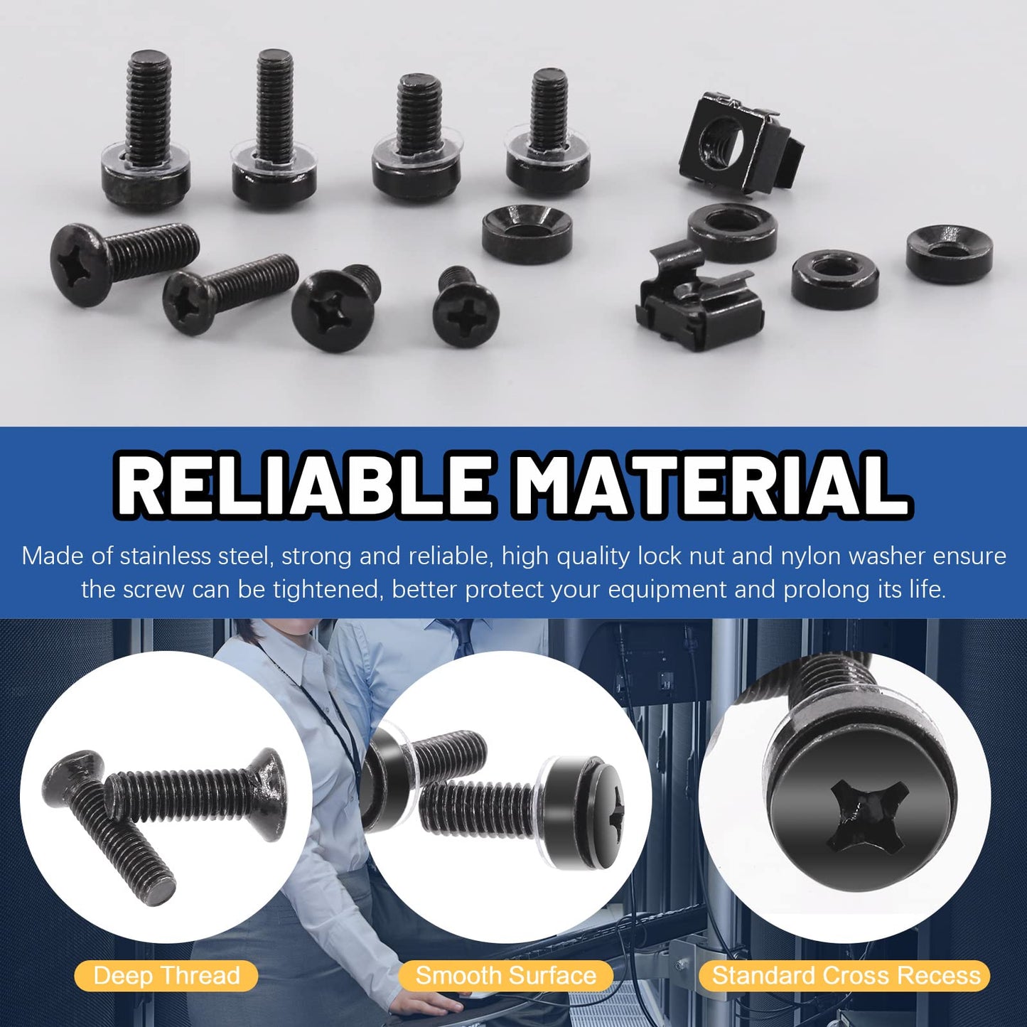 Glarks 80Sets/160Pcs M5 M6 Cage Nuts and Screws Set, M5 x 16mm, M5 x 20mm, M6 x 16mm, M6 x 20mm Square Hole Hardware Cage Nuts & Mounting Screws Washers for Server Rack and Cabinet (Black)