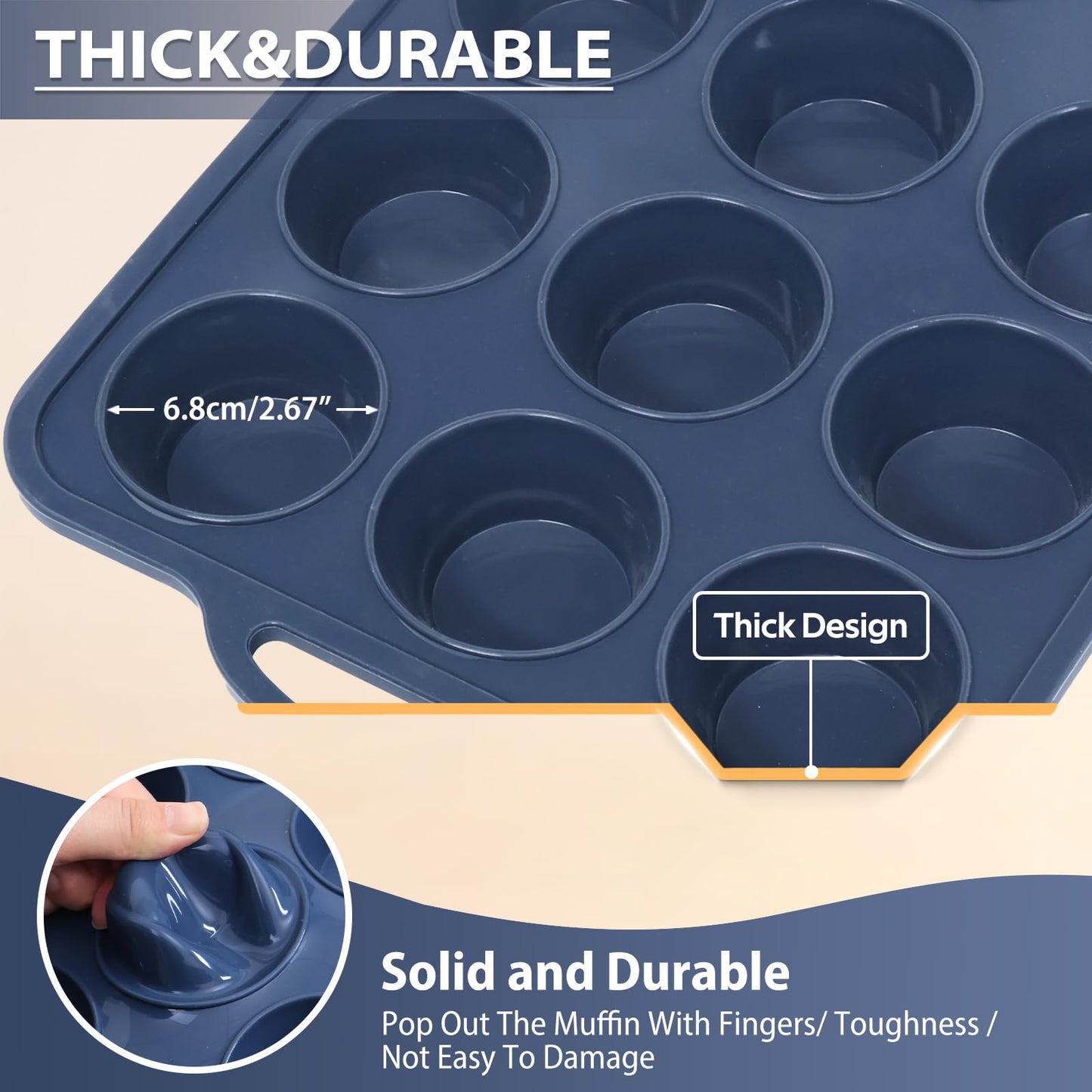 Vnray 2 Pack Silicone Muffin Pan with Metal Frame, Non Stick Silicone Cupcake Pan with Handles Regular 12 Cup, BPA Free Silicon Muffin Tin Tray for Baking, Egg Bites, Cupcake Mold Grey